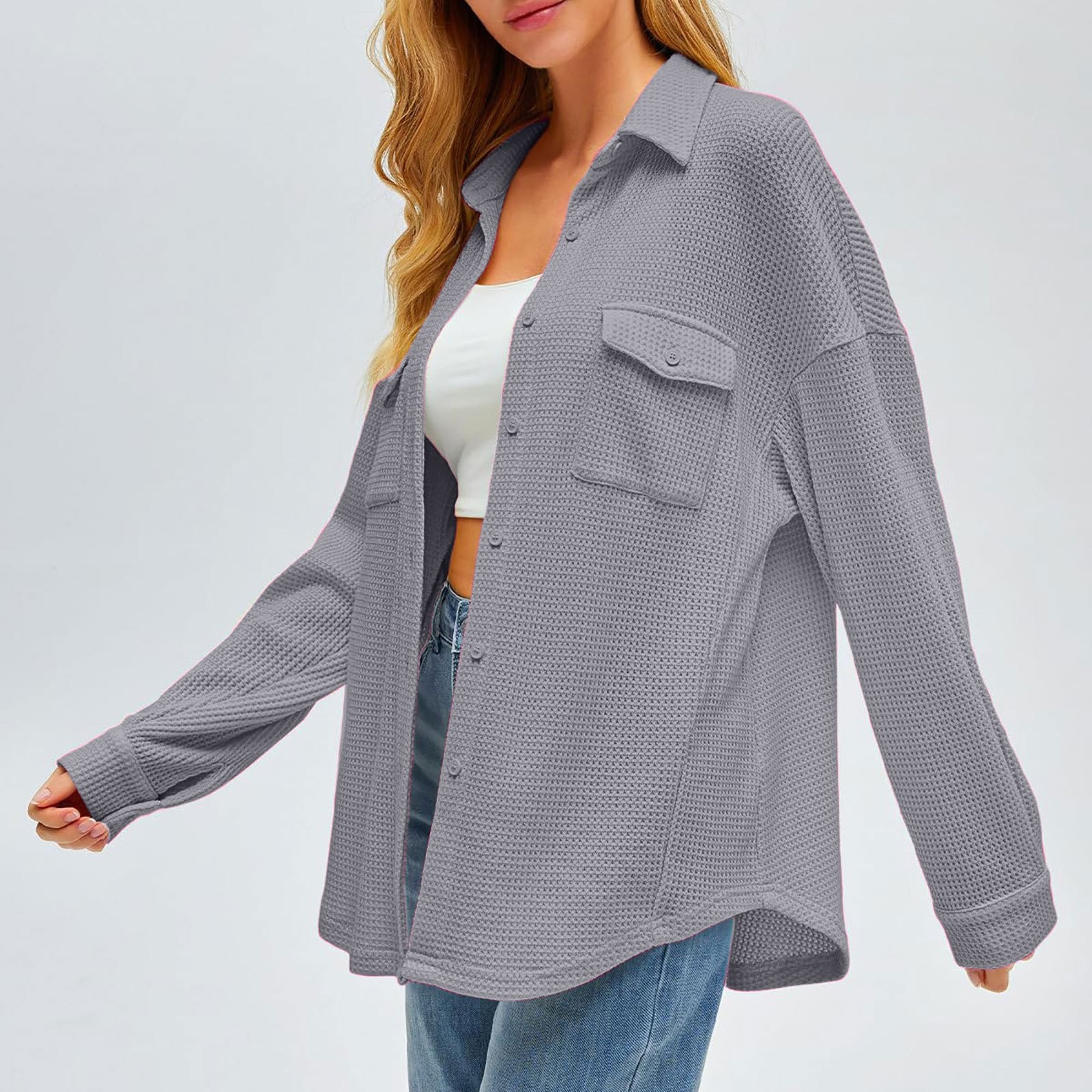 thumbnail image 4 of Camisa con bolsillos de color liso para mujer: top de punto holgado de manga larga, poliéster, versátil para primavera/otoño, tallas US 4-12, EU 34-42, 4 of 8